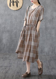 Italian o neck asymmetric cotton dresses Catwalk khaki plaid Dresses - SooLinen