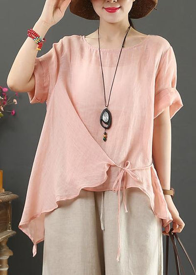 Italian o neck asymmetric cotton linen clothes pink silhouette blouses - SooLinen