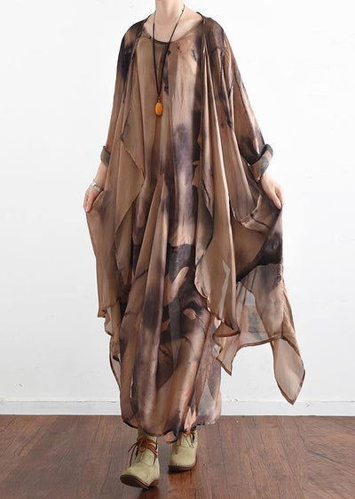 Italian o neck asymmetric quilting clothes Photography khaki print Traveling Dresses - SooLinen