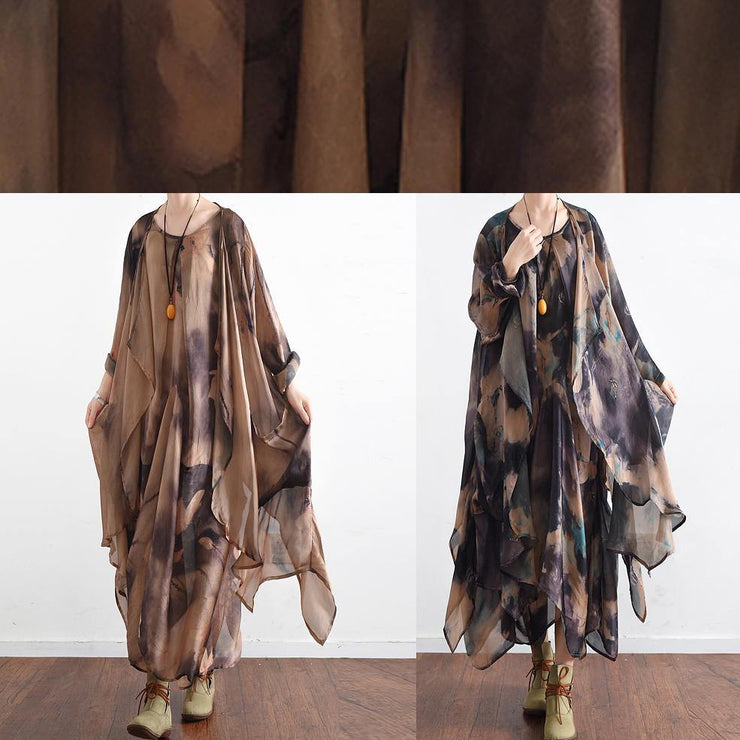 Italian o neck asymmetric quilting clothes Photography khaki print Traveling Dresses - SooLinen