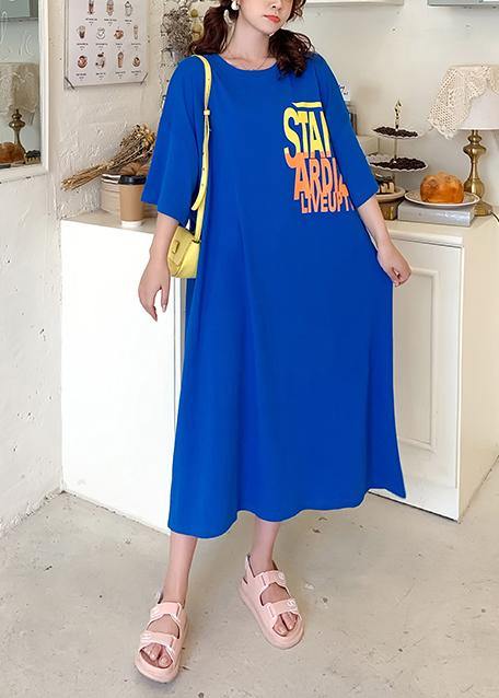 Italian o neck baggy quilting dresses Work Outfits blue Letter Dresses - SooLinen