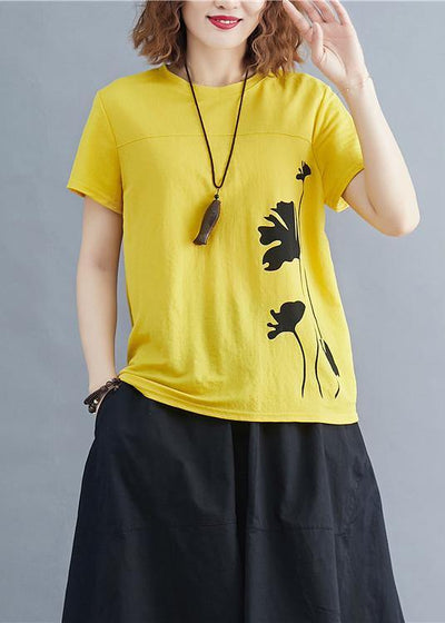 Italian o neck cotton tunic top Photography yellow print shirts summer - SooLinen