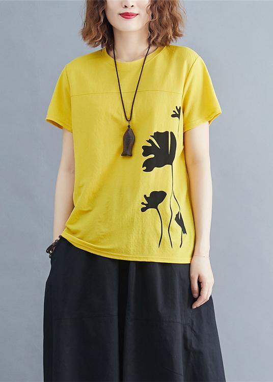 Italian o neck cotton tunic top Photography yellow print shirts summer - SooLinen