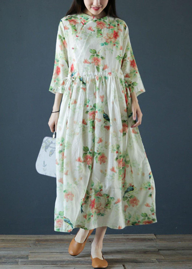 Italian o neck drawstring linen clothes For Women Inspiration green print Dresses - SooLinen