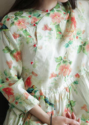 Italian o neck drawstring linen clothes For Women Inspiration green print Dresses - SooLinen