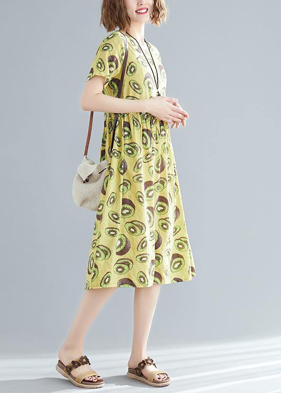Italian o neck drawstring linen cotton dress Fashion Outfits yellow print daily Dress Summer - SooLinen