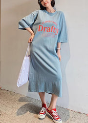 Italian o neck half sleeve dress Work blue Letter Robe Dresses - SooLinen