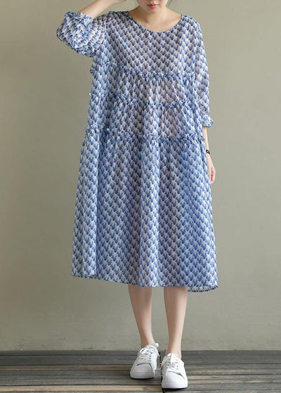 Italian o neck large hem chiffon dress fine Wardrobes blue print Art Dress Summer - SooLinen