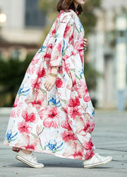 Italian o neck large hem linen cotton Long dress white print Dresses summer - SooLinen