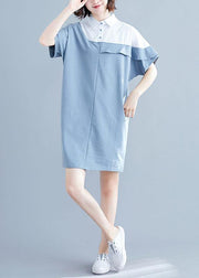 Italian o neck patchwork Cotton Tunics light blue Dress summer - SooLinen