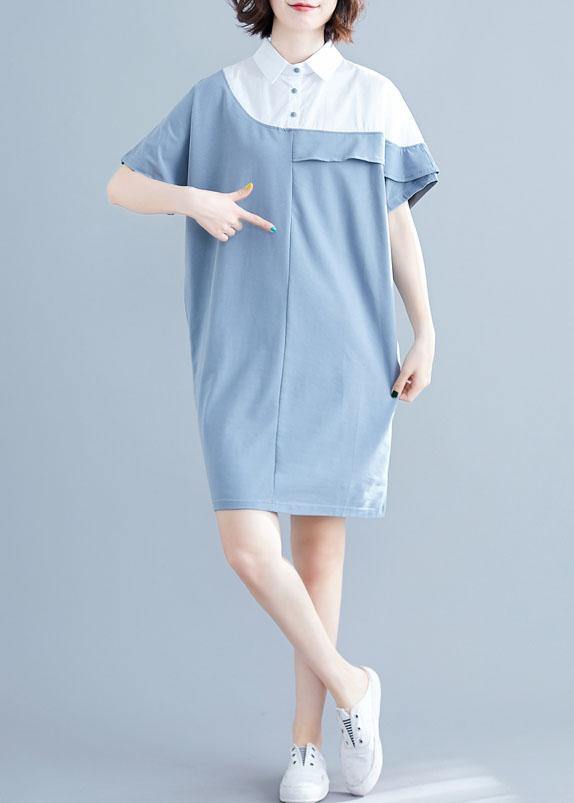 Italian o neck patchwork Cotton Tunics light blue Dress summer - SooLinen