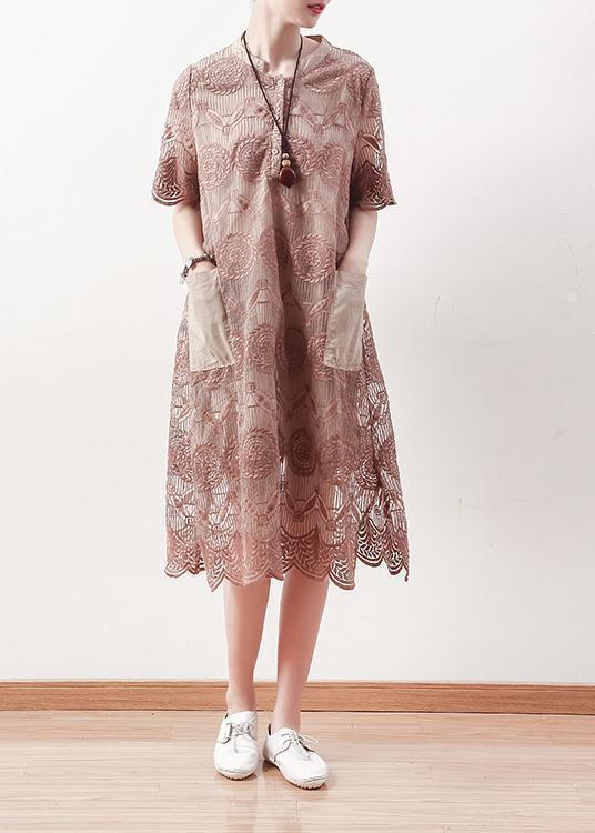 Italian o neck patchwork lace linen tunic pattern Omychic Photography khaki A Line Dress Summer
