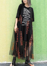 Italian o neck patchwork tulle cotton dresses Fabrics black print Traveling Dresses summer - SooLinen