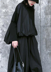 Italian o neck Cinched spring tunic pattern black top - SooLinen