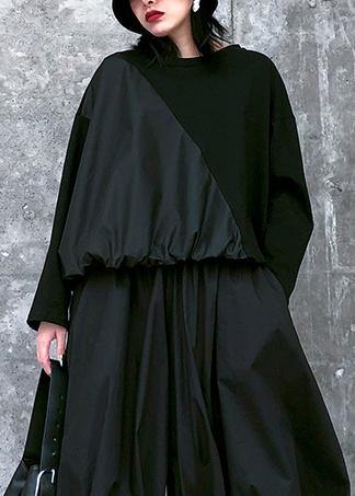 Italian o neck Cinched spring tunic pattern black top - SooLinen