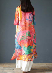 Italian orange print linen clothes For Women o neck half sleeve Kaftan summer Dresses - SooLinen