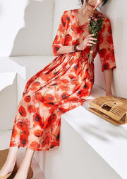 Italian orange print linen dress v neck patchwork long Dress - SooLinen