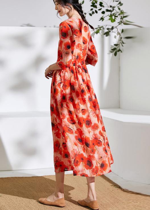 Italian orange print linen dress v neck patchwork long Dress - SooLinen