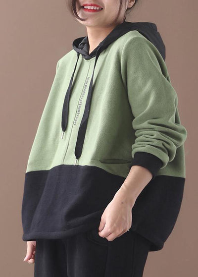Italian patchwork cotton hooded Tops green pullover - SooLinen