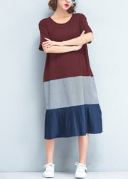 Italienische Patchwork-O-Neck-Baumwollkleidung Damen stilvolle Stoffe rot Maxikleider Sommer