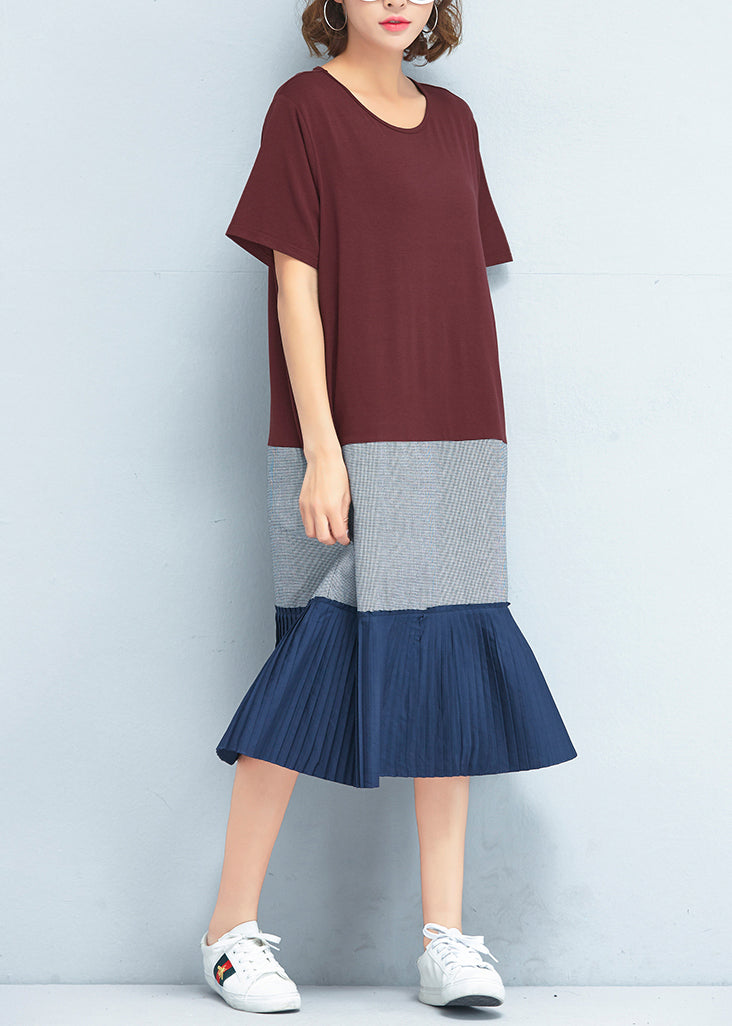 Italian patchwork o neck cotton clothes Women stylish Fabrics red Maxi Dresses Summer