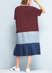 Italienische Patchwork-O-Neck-Baumwollkleidung Damen stilvolle Stoffe rot Maxikleider Sommer