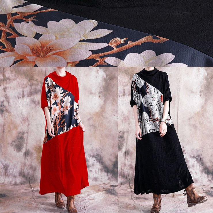 Italian patchwork prints clothes Women Work Outfits black Maxi Dress fall - SooLinen