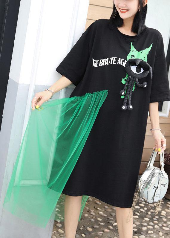 Italian patchwork tulle cotton Tunics Wardrobes black prints long Dress summer - SooLinen