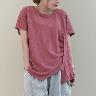 Italian pink cotton clothes For Women o neck asymmetric baggy blouse - SooLinen