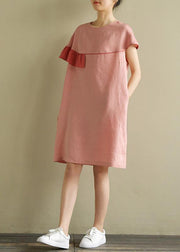 Italian pink linen Wardrobes o neck patchwork baggy summer Dress - SooLinen