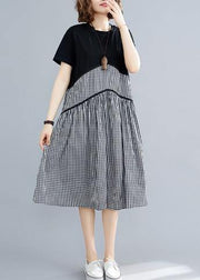 Italian plaid cotton linen clothes o neck patchwork loose summer Dress - SooLinen