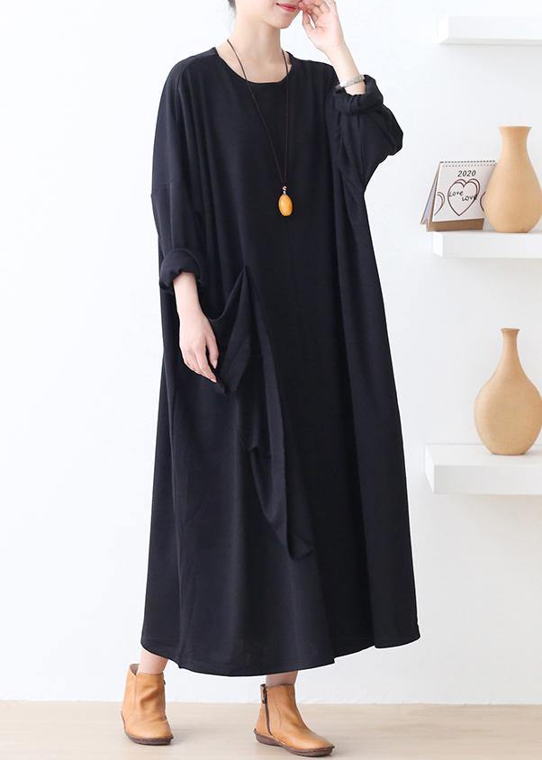 Italian pockets o neck clothes For Women Work Outfits black robes Dresses - SooLinen