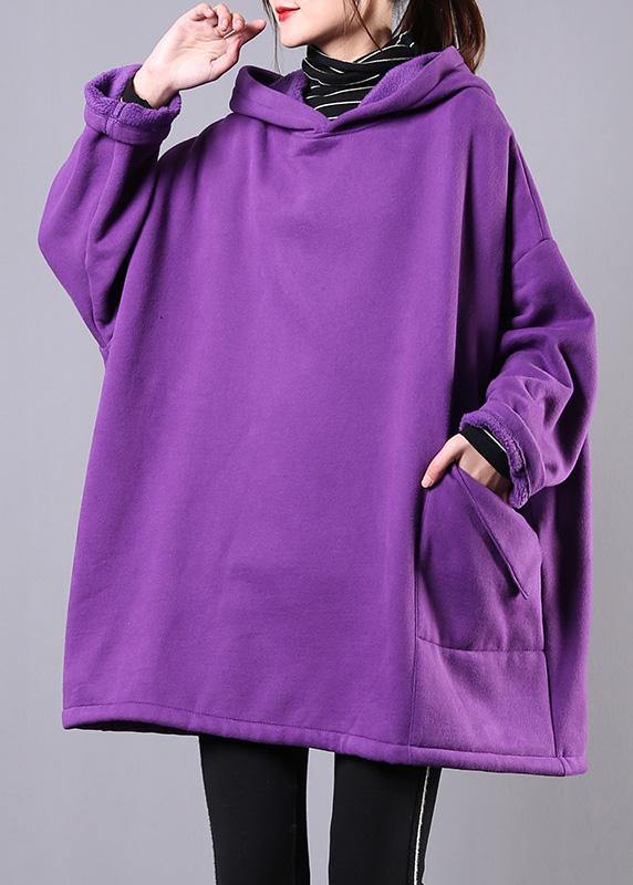 Italian purple cotton clothes For Women hooded pockets Midi shirts - SooLinen