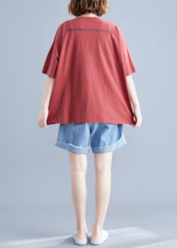 Italian red Geometric cotton linen women blouses o neck daily shirts - SooLinen