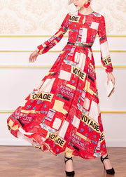 Italian red chiffon tunic pattern big hem A Line o neck Dress - SooLinen