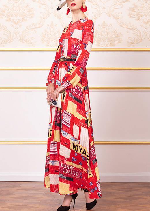 Italian red chiffon tunic pattern big hem A Line o neck Dress - SooLinen