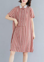 Italian red plaid Cotton Tunics Peter pan Collar Knee summer Dress - SooLinen