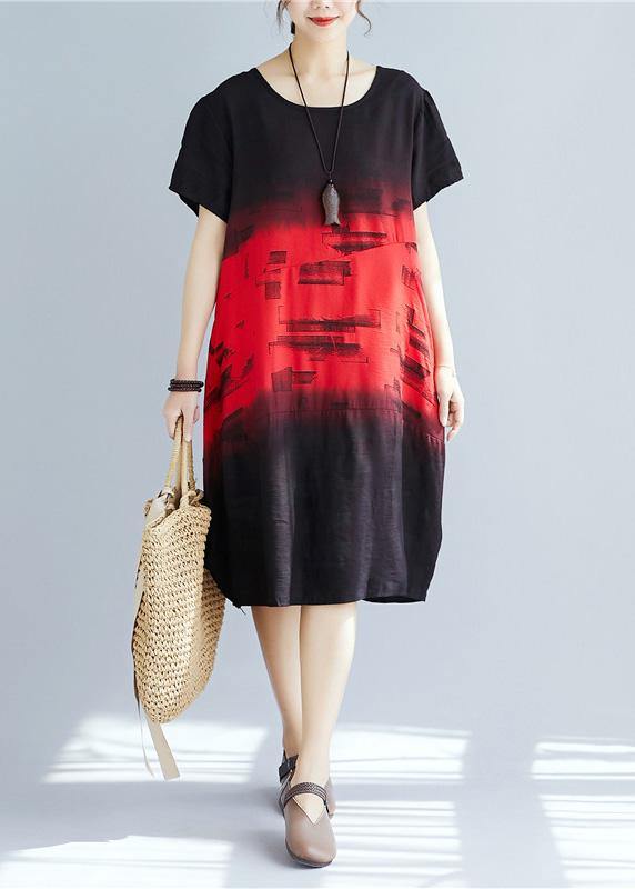Italian red print Cotton dresses o neck patchwork A Line summer Dresses - SooLinen