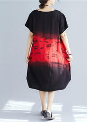 Italian red print Cotton dresses o neck patchwork A Line summer Dresses - SooLinen