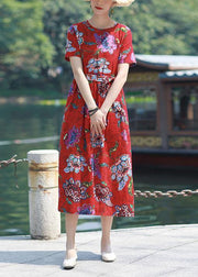 Italian red print cotton linen dress o neck tie waist cotton robes summer Dresses - SooLinen