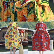 Italian red print cotton linen dress o neck tie waist cotton robes summer Dresses - SooLinen