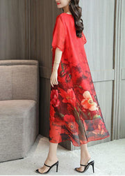 Italian red print silk quilting clothes o neck Kaftan summer Dresses - SooLinen