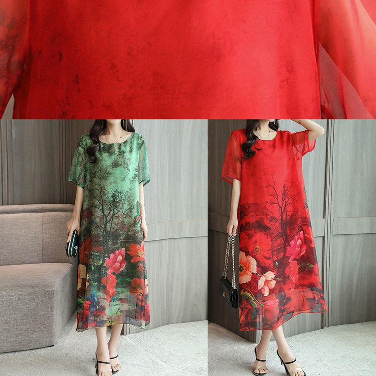 Italian red print silk quilting clothes o neck Kaftan summer Dresses - SooLinen