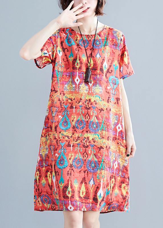 Italian red prints linen clothes For Women short sleeve daily summer Dress - SooLinen