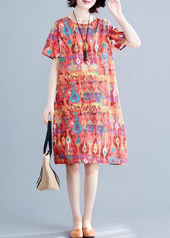 Italian red prints linen clothes For Women short sleeve daily summer Dress - SooLinen