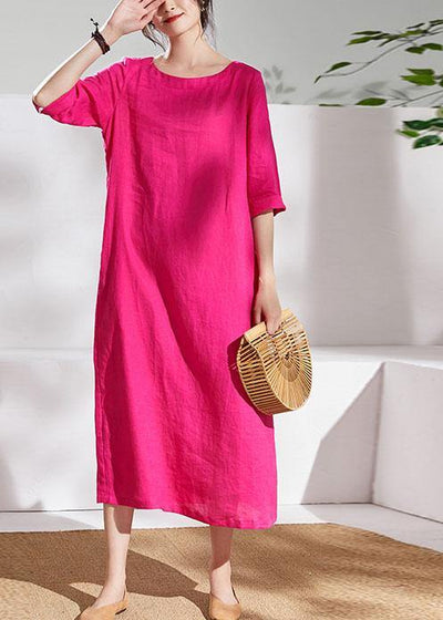 Italian rose linen dresses o neck half sleeve Maxi summer Dresses - SooLinen