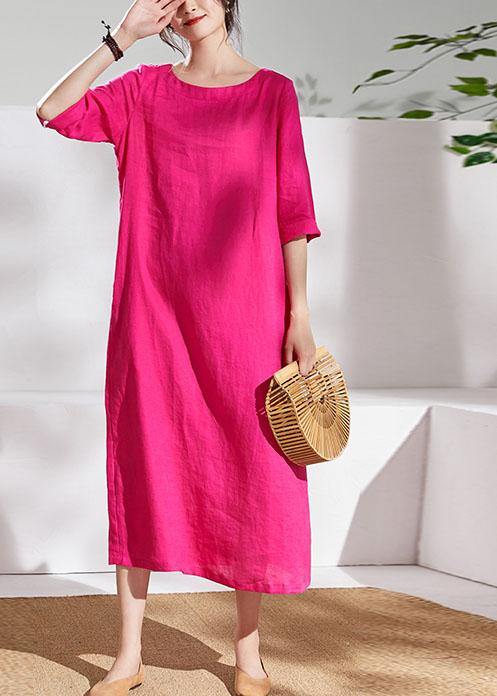 Italian rose linen dresses o neck half sleeve Maxi summer Dresses - SooLinen