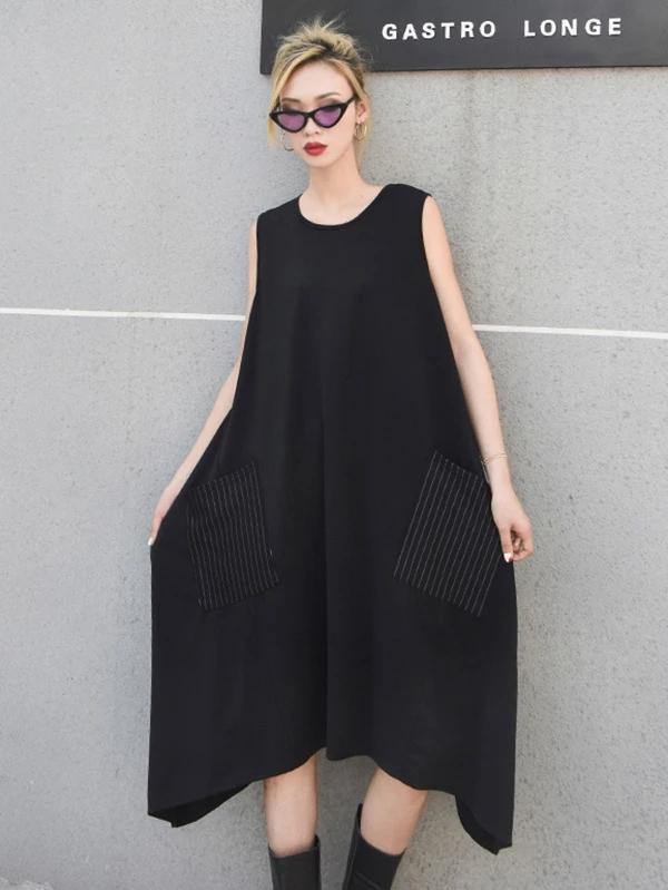 Italian sleeveless asymmetric cotton summer black cotton Dresses - SooLinen