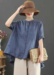 Italian stand collar linen summer clothes Shape navy embroidery blouse - SooLinen