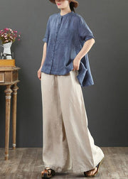 Italian stand collar linen summer clothes Shape navy embroidery blouse - SooLinen